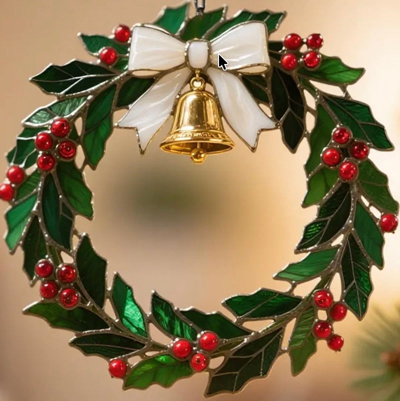Christmas Stained Glass Holly Wreath Ornament