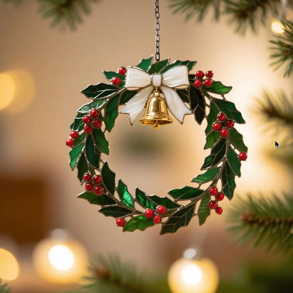Christmas Stained Glass Holly Wreath Ornament