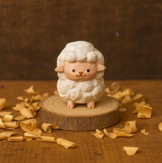 Wooden Sheep Figurine – Rustic Mini Animal Desk Decor