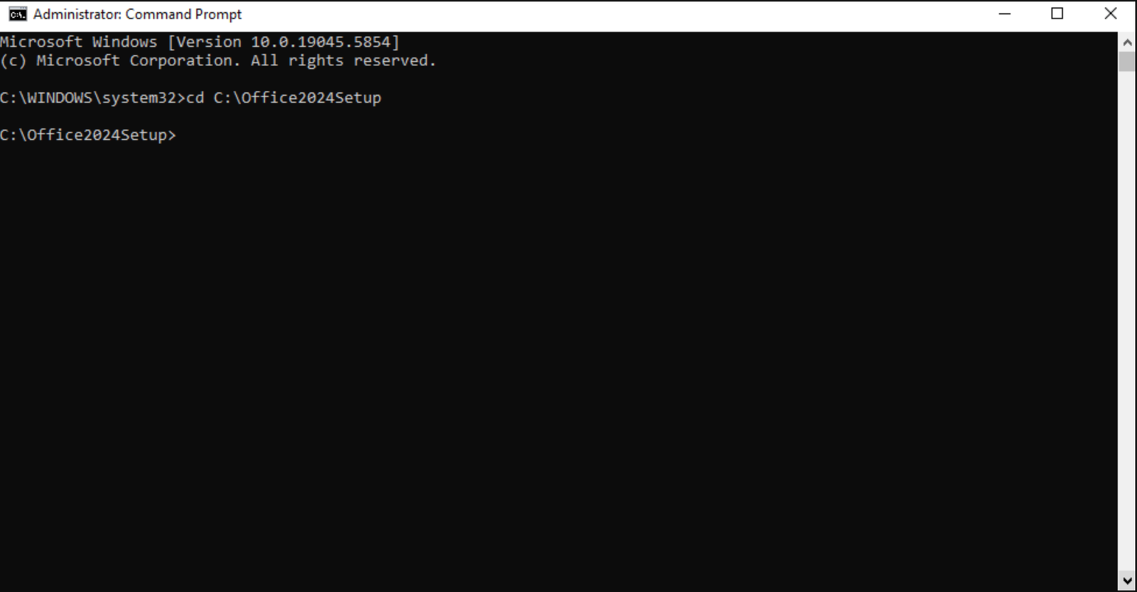 Command Prompt showing cd C:\Office2024Setup command