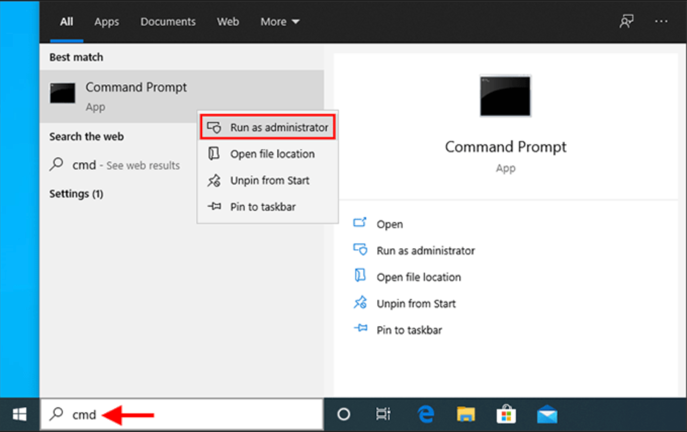 Right-click Command Prompt and select Run as administrator