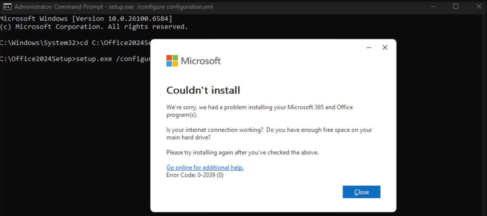 Installation problem error in Command Prompt