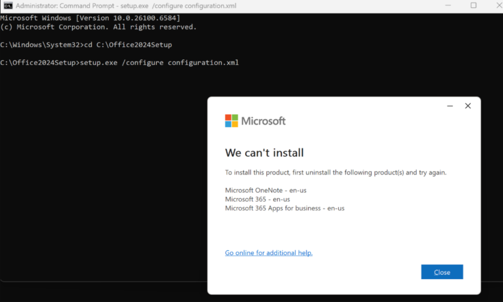 Uninstall previous products error in Command Prompt