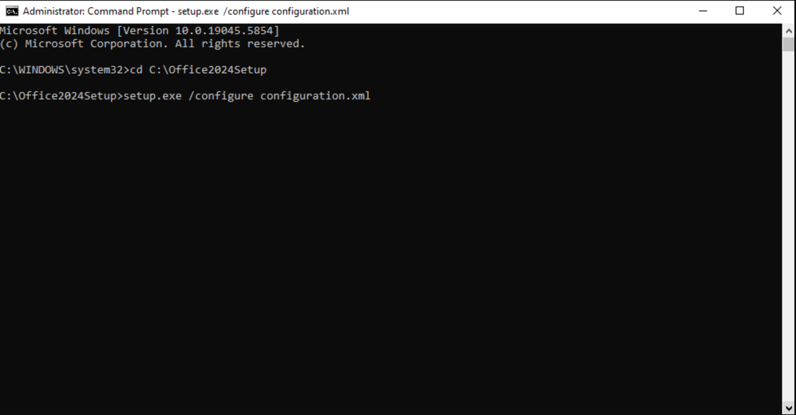 Command Prompt showing setup.exe /configure configuration.xml command