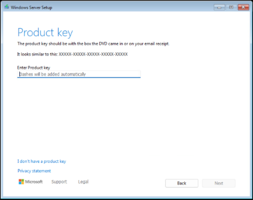 Enter your Windows Server 2025 Datacenter product key