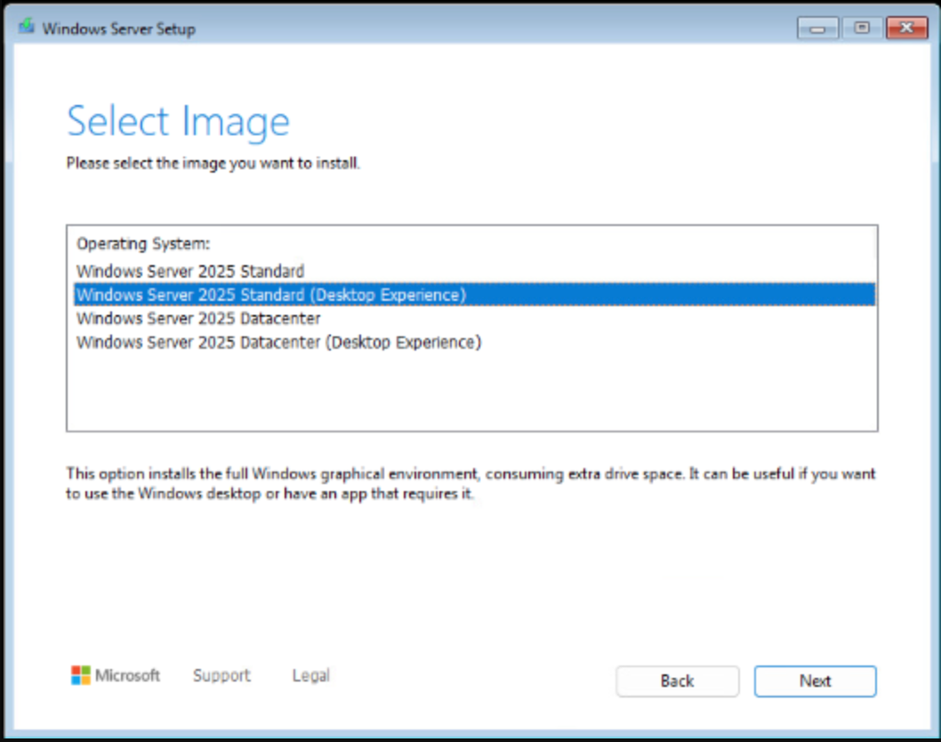 Choose Windows Server 2025 Datacenter (Desktop Experience)