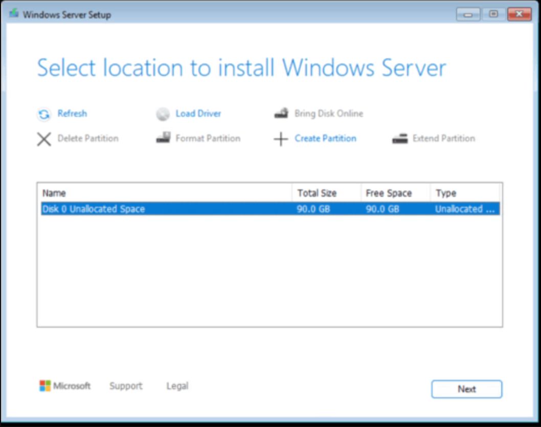 Select disk location for Windows Server 2025 installation