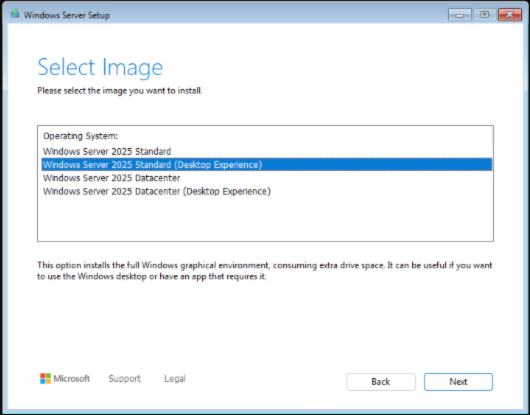 Select Windows Server 2025 Standard (Desktop Experience)