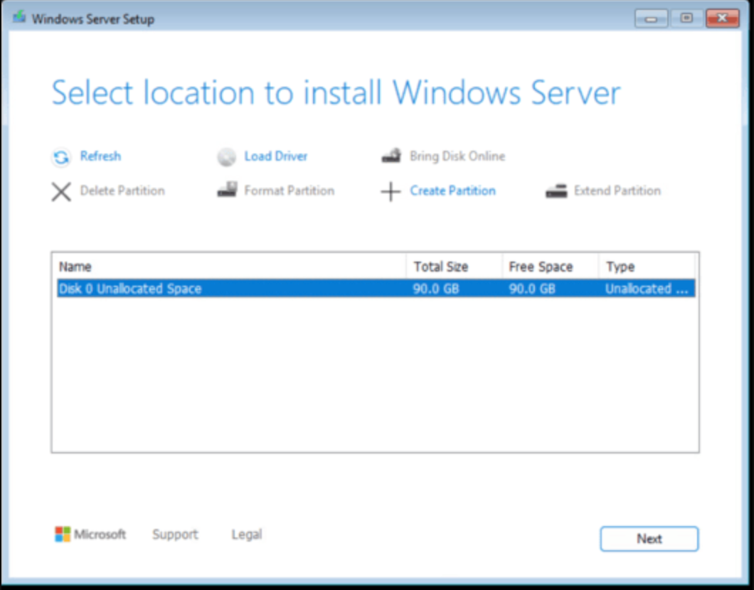 Select disk location for Windows Server 2025 Standard