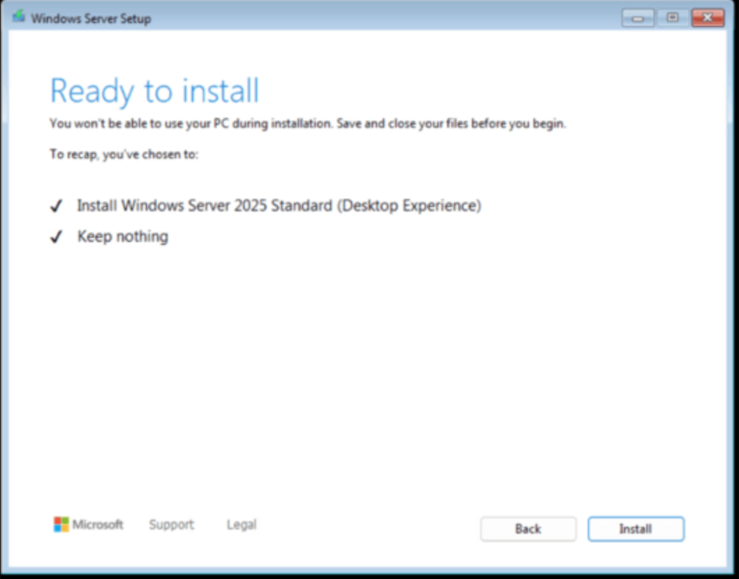 Windows Server 2025 Standard installation in progress