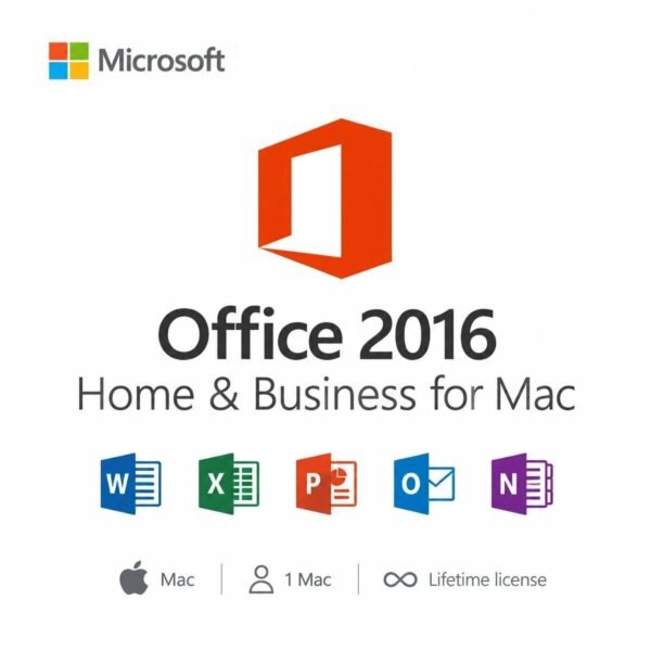 Microsoft Office 2016 Home & Business for Mac Lifetime License – includes Word, Excel, PowerPoint, Outlook, and OneNote. Valid for 1 Mac, one-time purchase, no subscription.