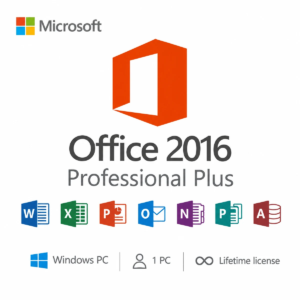 Microsoft Office 2016 Professional Plus Lifetime License for Windows PC – includes Word, Excel, PowerPoint, Outlook, OneNote, Publisher, and Access. 1 PC activation, one-time purchase, no subscription.