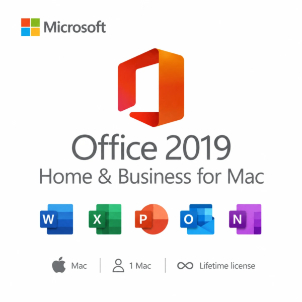 Microsoft Office 2019 Home & Business for Mac Lifetime License – includes Word, Excel, PowerPoint, Outlook, and OneNote. Valid for 1 Mac, one-time purchase, no subscription.