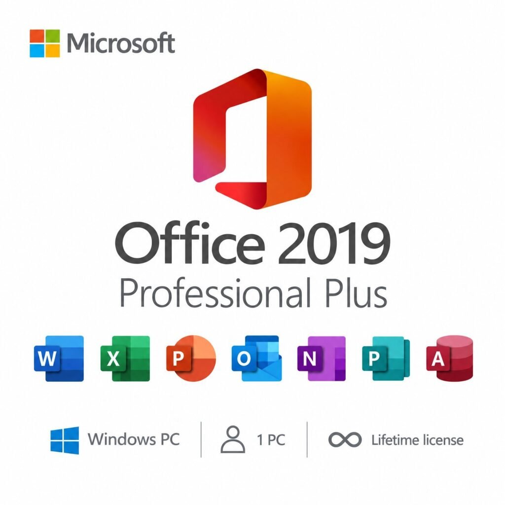 Microsoft Office 2019 Professional Plus Lifetime License for Windows PC – includes Word, Excel, PowerPoint, Outlook, OneNote, Publisher, and Access. Valid for 1 PC, one-time purchase, no subscription.
