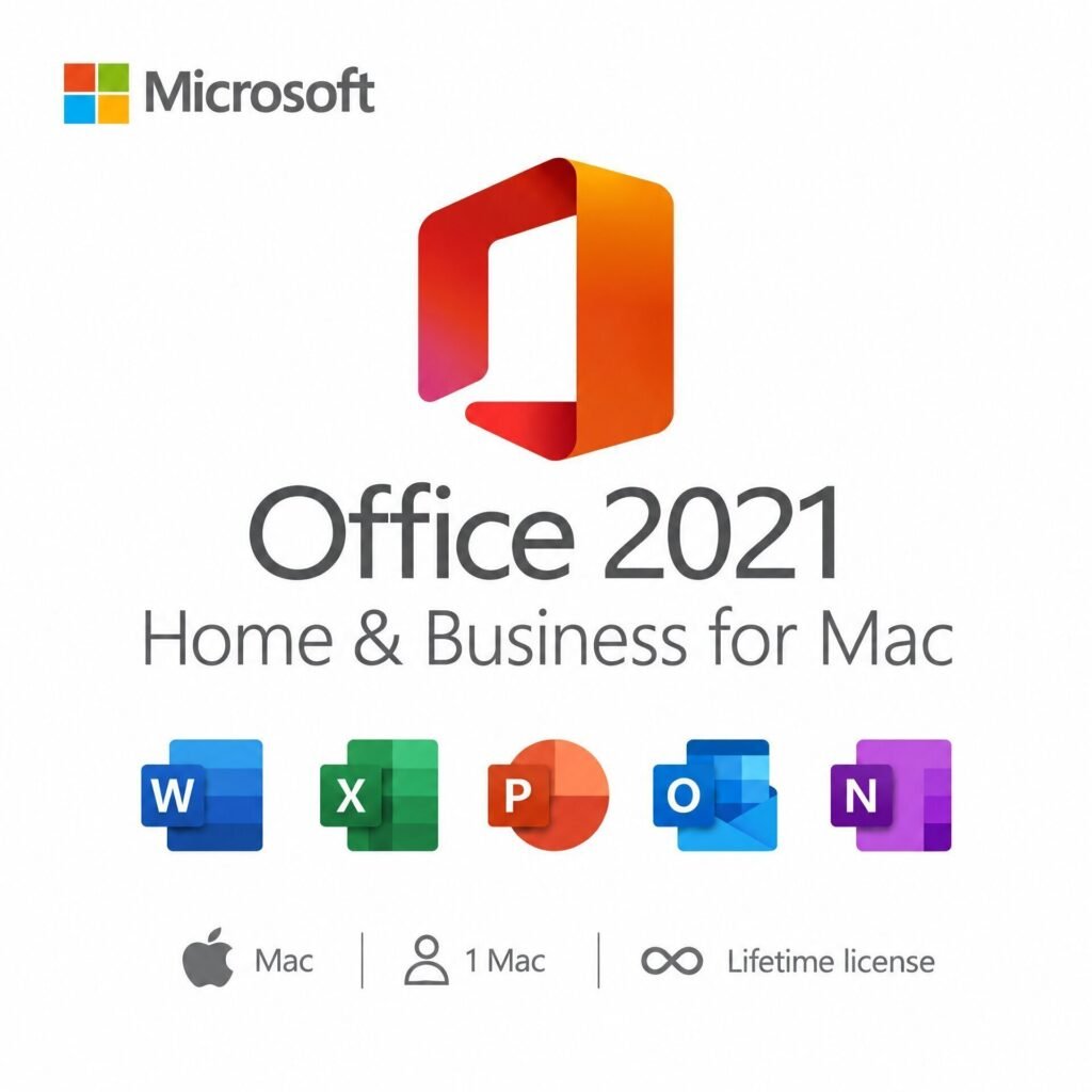Microsoft Office 2021 Home & Business for Mac Lifetime License – includes Word, Excel, PowerPoint, Outlook, and OneNote. Valid for 1 Mac, one-time purchase, no subscription.