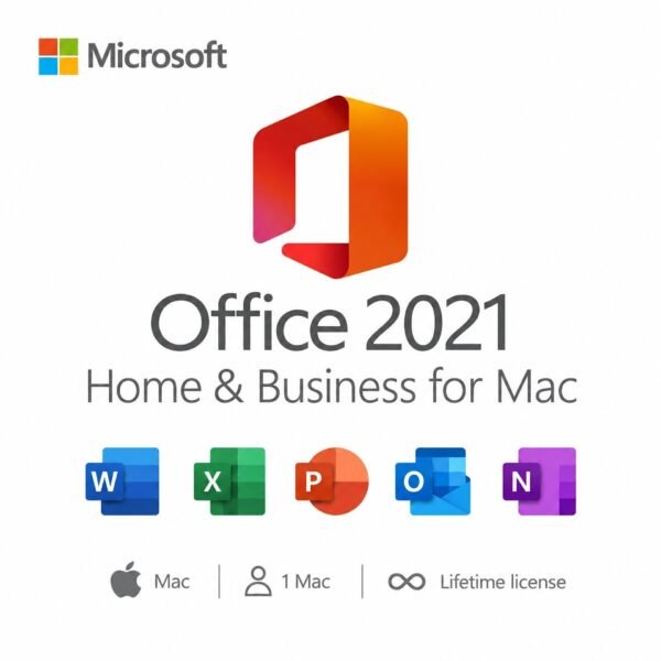 Microsoft Office 2021 Home & Business for Mac Lifetime License – includes Word, Excel, PowerPoint, Outlook, and OneNote. Valid for 1 Mac, one-time purchase, no subscription.