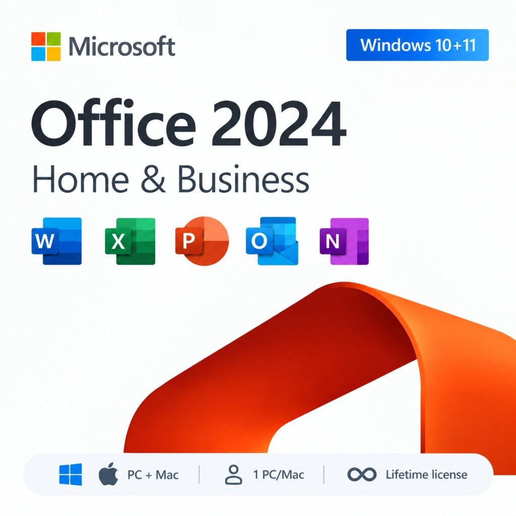 Microsoft Office 2024 Home & Business Lifetime License for PC and Mac – includes Word, Excel, PowerPoint, Outlook, and OneNote. Valid for 1 PC or Mac, one-time purchase, no subscription, compatible with Windows 10, 11, and macOS.