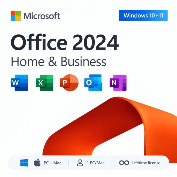 Microsoft Office 2024 Home & Business Lifetime License for PC and Mac – includes Word, Excel, PowerPoint, Outlook, and OneNote. Valid for 1 PC or Mac, one-time purchase, no subscription, compatible with Windows 10, 11, and macOS.