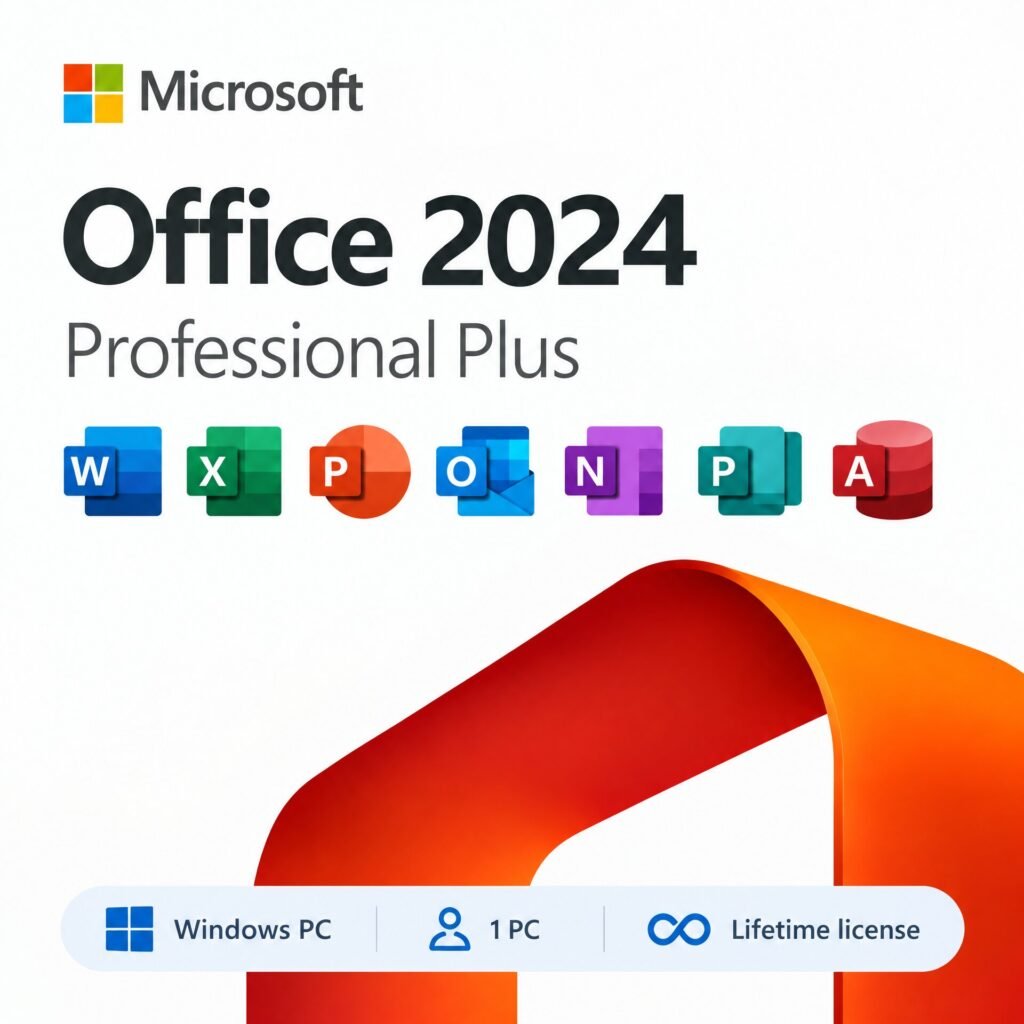 Microsoft Office 2024 Professional Plus Lifetime License for Windows PC – includes Word, Excel, PowerPoint, Outlook, OneNote, Publisher, and Access. Valid for 1 PC, one-time purchase, no subscription.