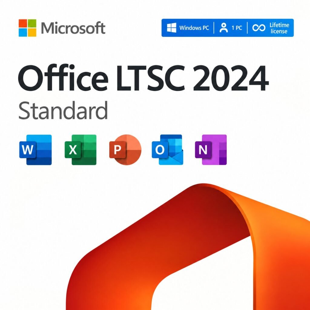 Microsoft Office LTSC 2024 Standard Lifetime License for Windows PC – includes Word, Excel, PowerPoint, Outlook, and OneNote. Valid for 1 PC, one-time purchase, no subscription, ideal for enterprise and regulated environments in the USA and Canada.