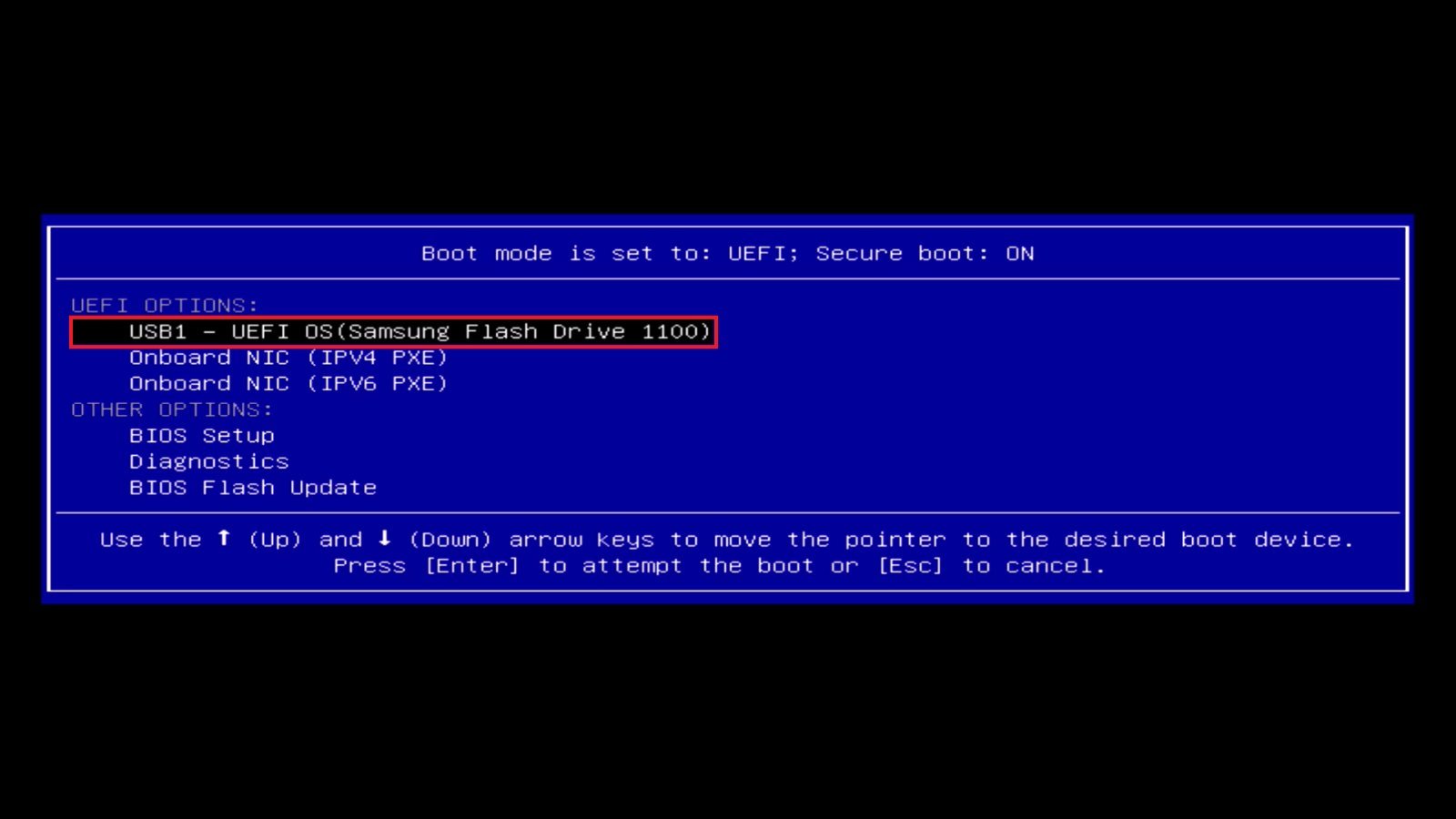 PC one-time boot menu showing the UEFI USB flash drive entry highlighted