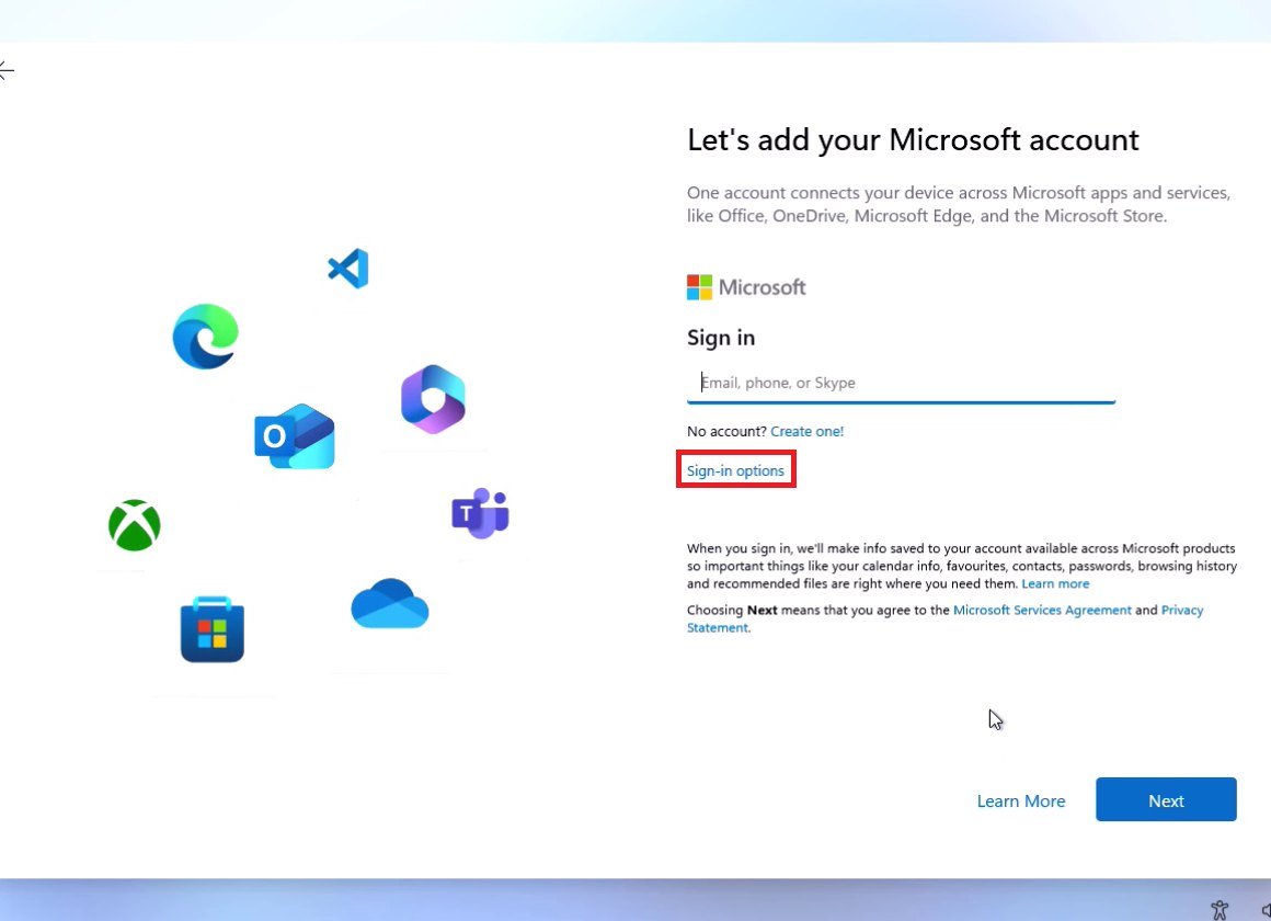 Windows 11 first-time setup screen Lets add your Microsoft account with an email sign-in box and Sign-in options link
