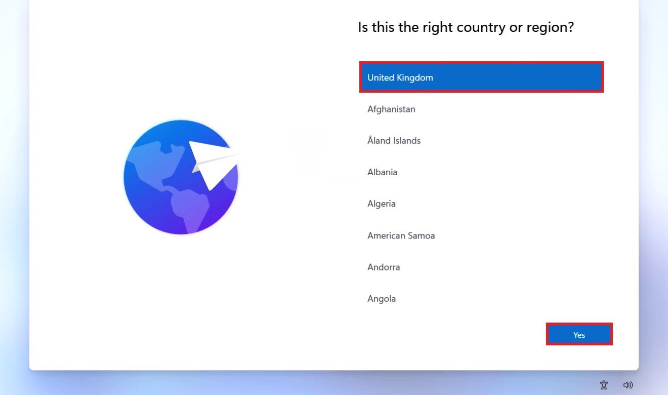 Windows 11 first-time setup screen asking Is this the right country or region