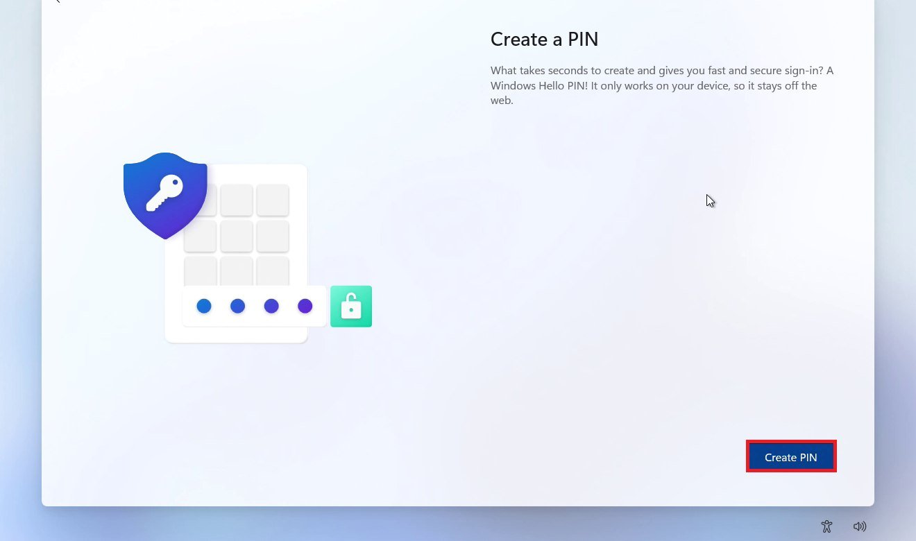 Windows 11 first-time setup screen Create a PIN with the Create PIN button