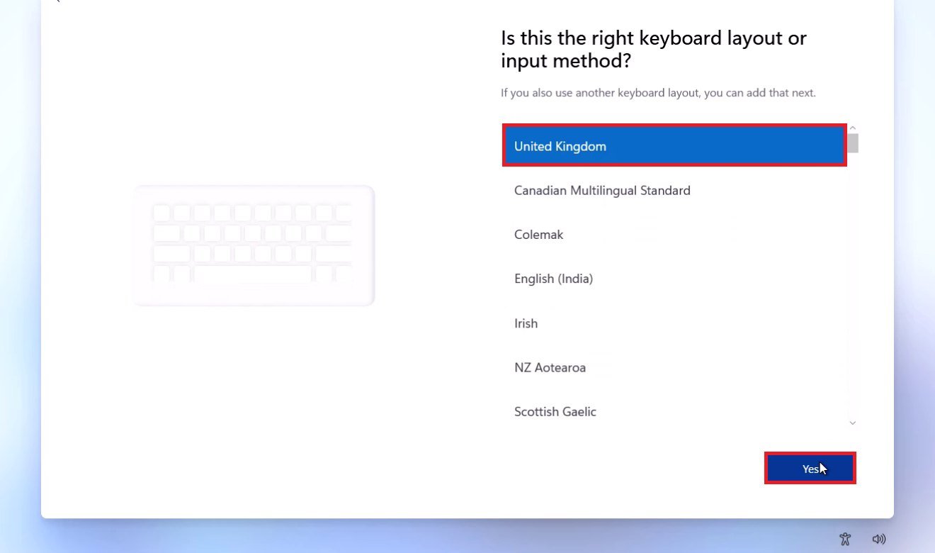 Windows 11 first-time setup screen asking Is this the right keyboard layout or input method