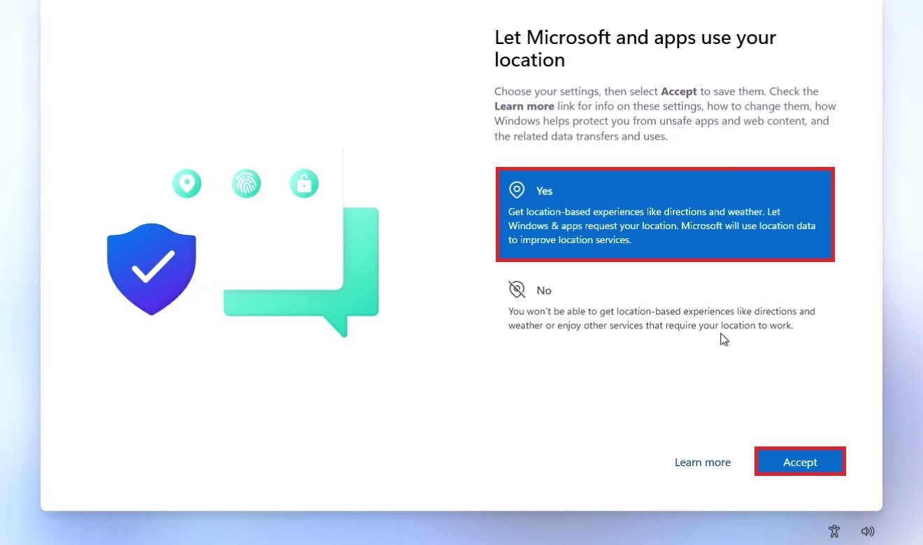 Windows 11 first-time setup privacy settings screen asking whether to let Microsoft and apps use your location
