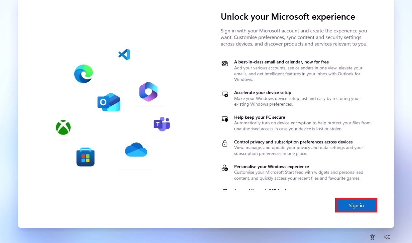 Windows 11 first-time setup screen Unlock your Microsoft experience with a Sign in button