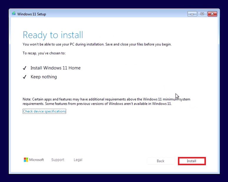 Windows 11 Setup screen: Ready to install summary with the Install button