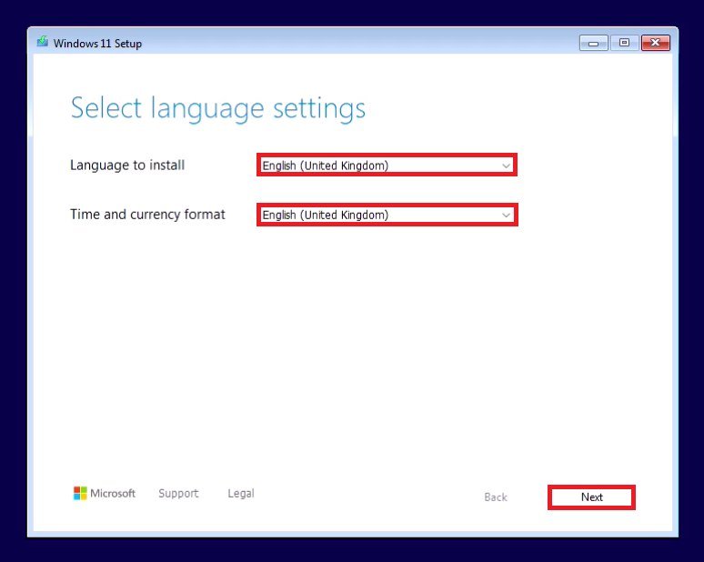 Windows 11 Setup screen: Select language settings with Language to install and Time and currency format dropdowns