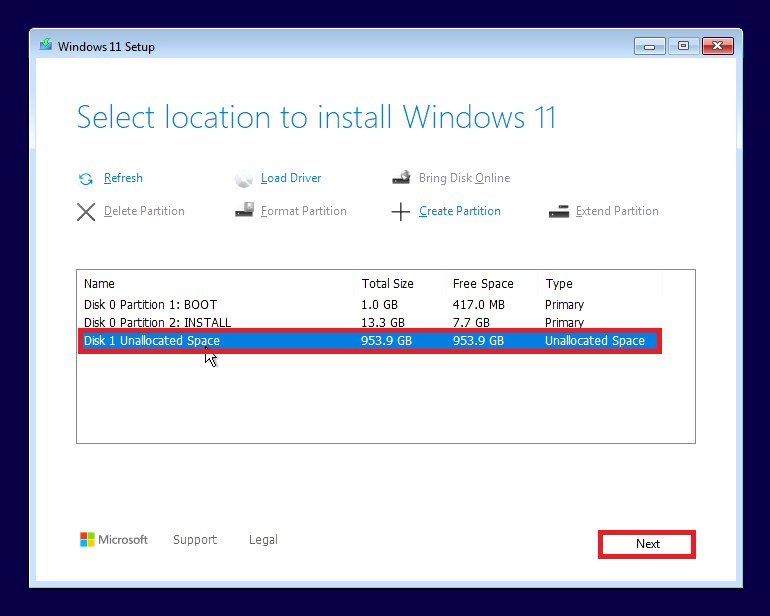 Windows 11 Setup screen: Select location to install Windows 11 showing a drive with unallocated space selected