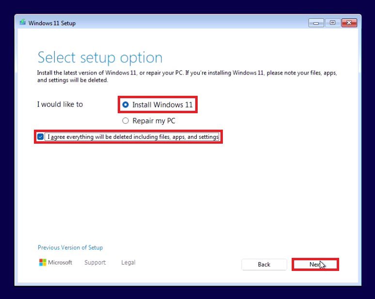 Windows 11 Setup screen: Select setup option with Install Windows 11 selected and the I agree everything will be deleted checkbox ticked