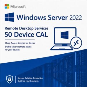 Microsoft Windows Server 2022 Remote Desktop Services 50 Device CALs – Genuine RDS Client Access License for secure remote access, shared workstations, and shift workers in the USA and Canada.