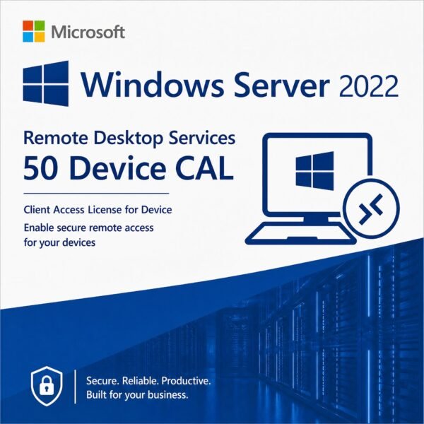 Microsoft Windows Server 2022 Remote Desktop Services 50 Device CALs – Genuine RDS Client Access License for secure remote access, shared workstations, and shift workers in the USA and Canada.