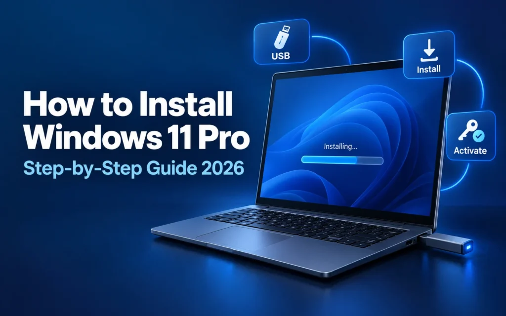How to Install Windows 11 Pro step-by-step guide 2026 - laptop installing Windows with USB drive