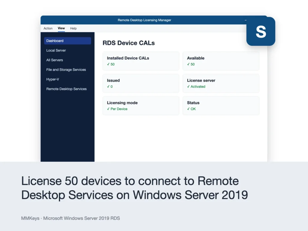 Microsoft Windows Server 2019 RDS – License 50 devices to connect to Remote Desktop Services on Windows Server 2019