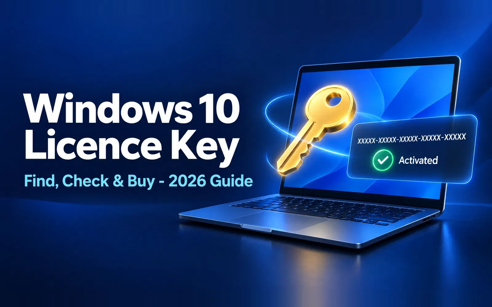 Windows 10 licence key guide 2026 - laptop with golden key and activated product key card
